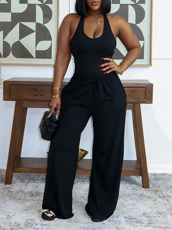 Solid Halter Top & Wide-Leg Pants Set