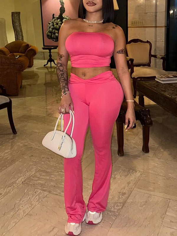 Solid Tube Top & Flared Pants Set