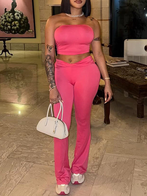 Solid Tube Top & Flared Pants Set