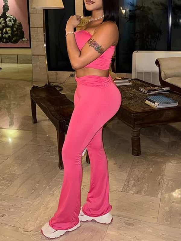 Solid Tube Top & Flared Pants Set