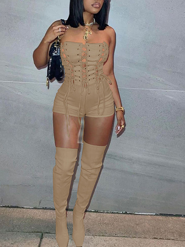 Lace-Up Strapless Romper