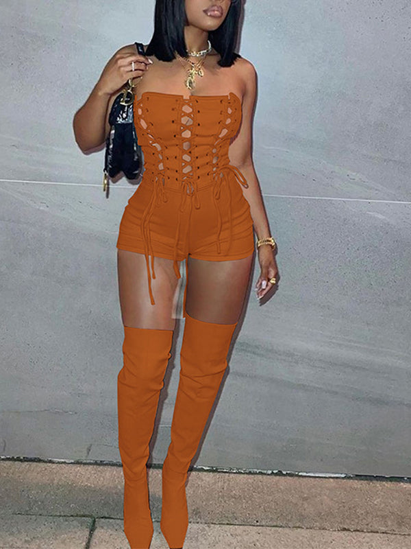 Lace-Up Strapless Romper