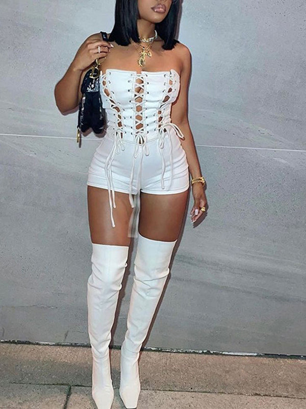 Lace-Up Strapless Romper