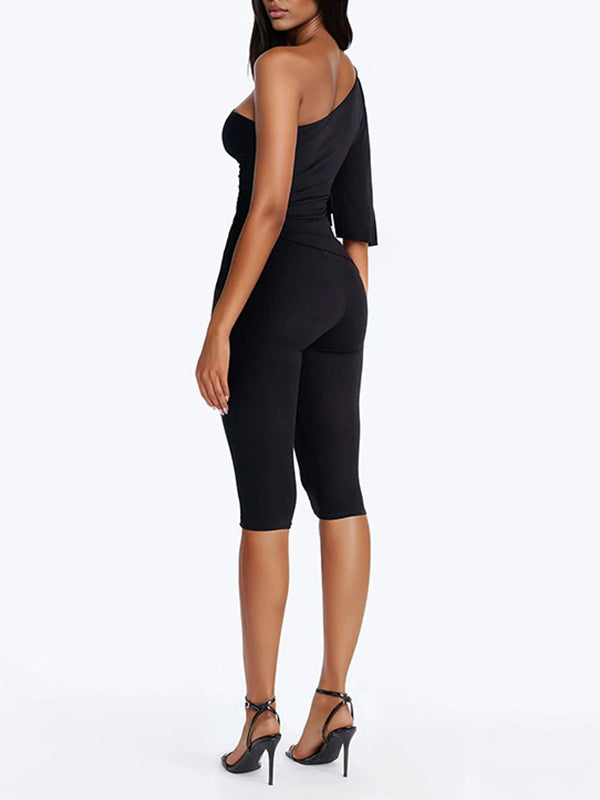 Solid One-Shoulder Top & Capri Pants Set