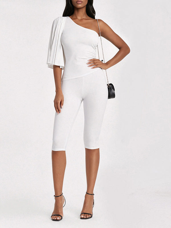 Solid One-Shoulder Top & Capri Pants Set