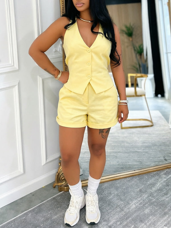 Solid Halter Vest & Shorts Set