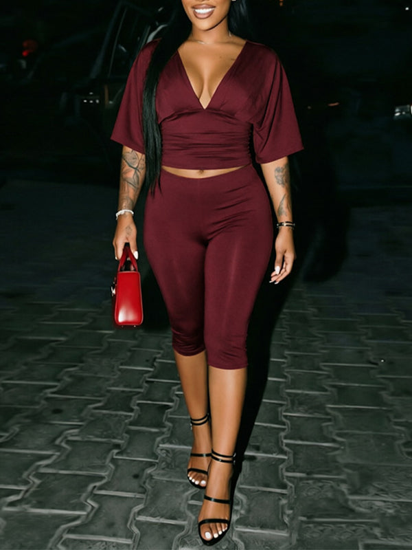 Solid V-Neck Top & Capri Pants Set