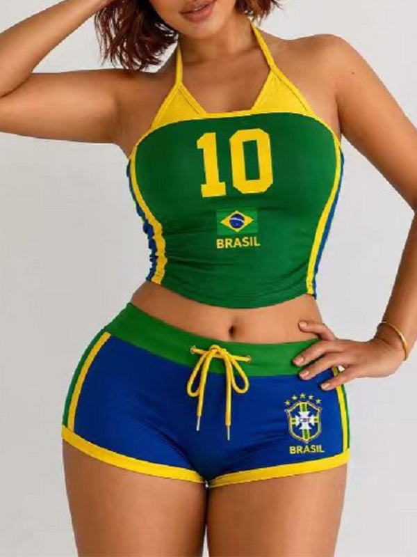 Colorblock Halter Top & Shorts Set