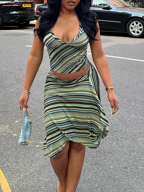 Stripe V-Neck Tank Top & Skirt Set