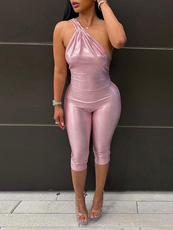 Metallic One-Shoulder Capri Jumpsuit