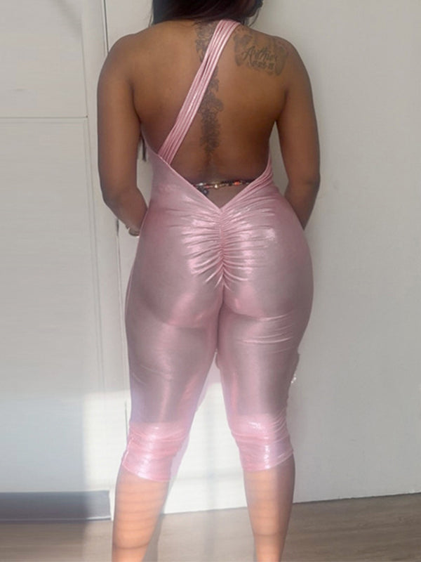 Metallic One-Shoulder Capri Jumpsuit