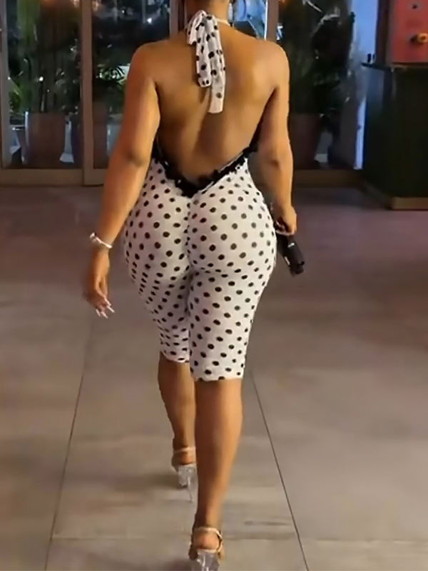 Frilled Combo Dot Halter Capri Jumpsuit