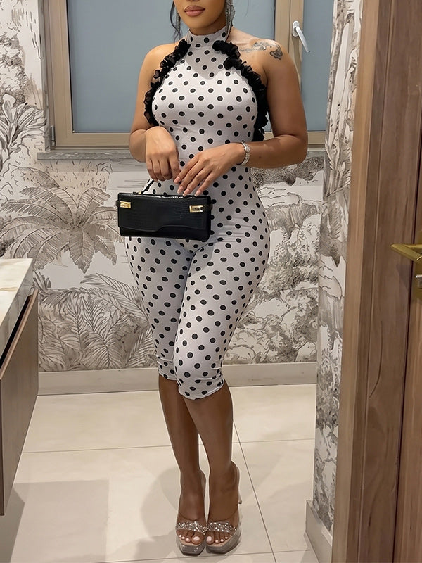 Frilled Combo Dot Halter Capri Jumpsuit