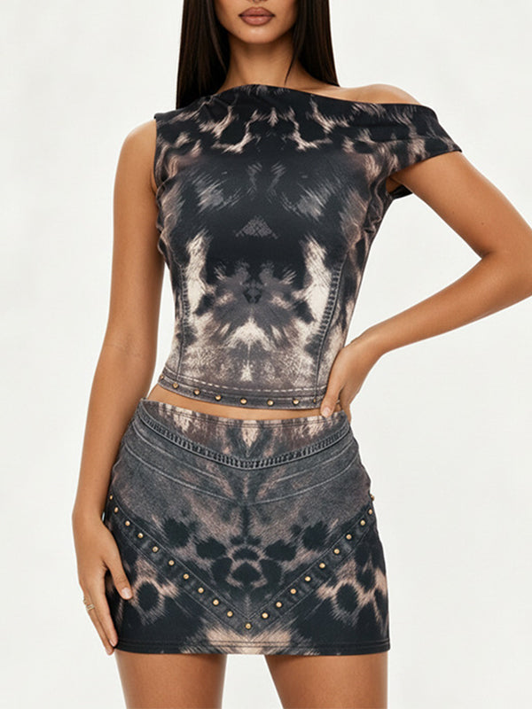 Leopard Boat-Neck Top & Skirt Set