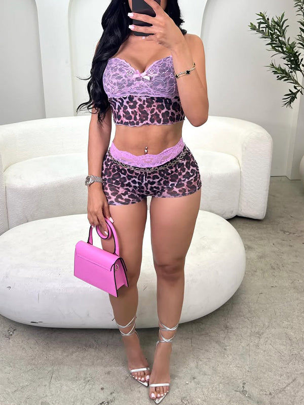 Lace-Combo Leopard Cami Top & Shorts Set