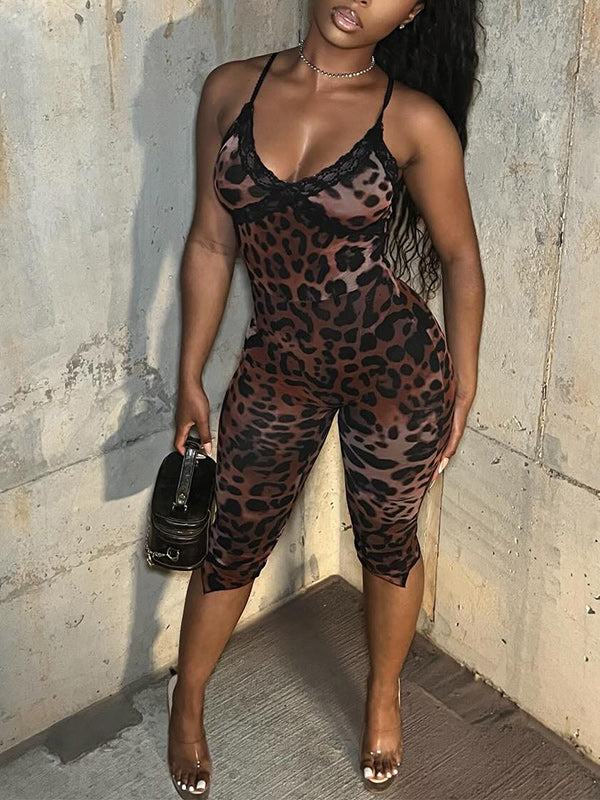 Lace-Combo Leopard Cami Top & Capri Pants Set
