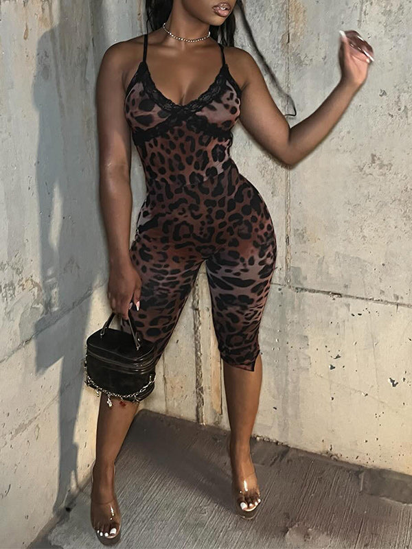 Lace-Combo Leopard Cami Top & Capri Pants Set