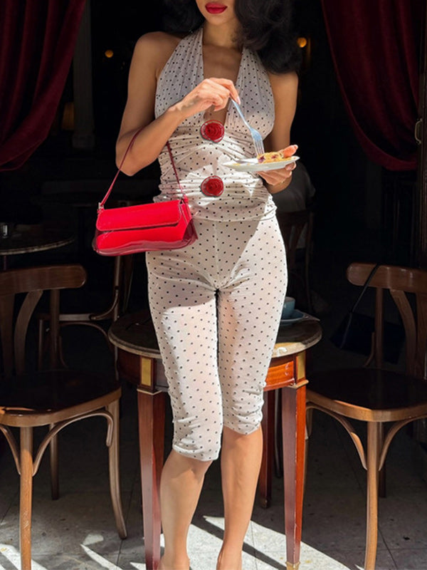 3D Floral Dot Halter Top & Capri Pants Set