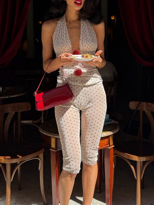 3D Floral Dot Halter Top & Capri Pants Set