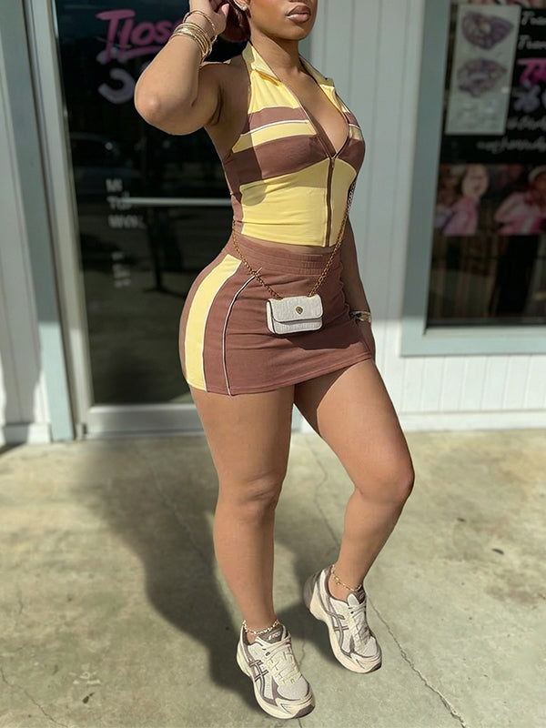 Two-Tone Halter Vest & Skirt Set