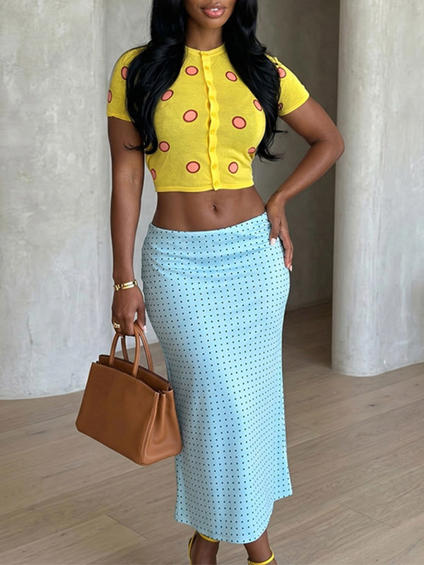 Button-Front Top & Dot Skirt Set