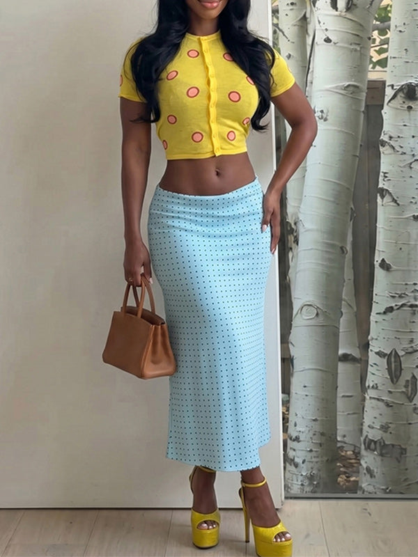 Button-Front Top & Dot Skirt Set