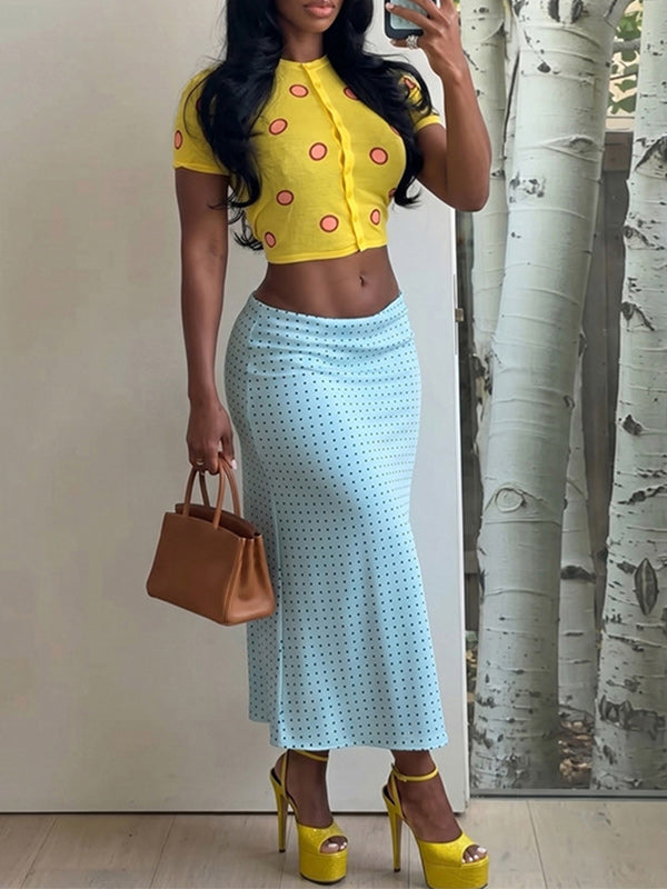 Button-Front Top & Dot Skirt Set