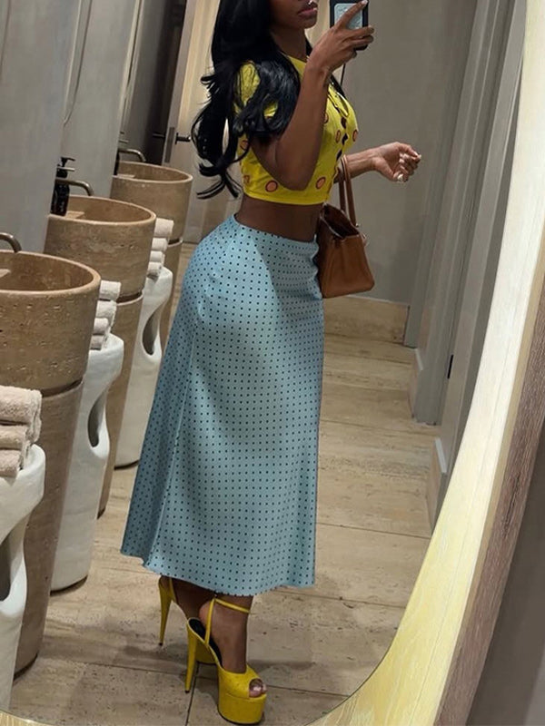 Button-Front Top & Dot Skirt Set