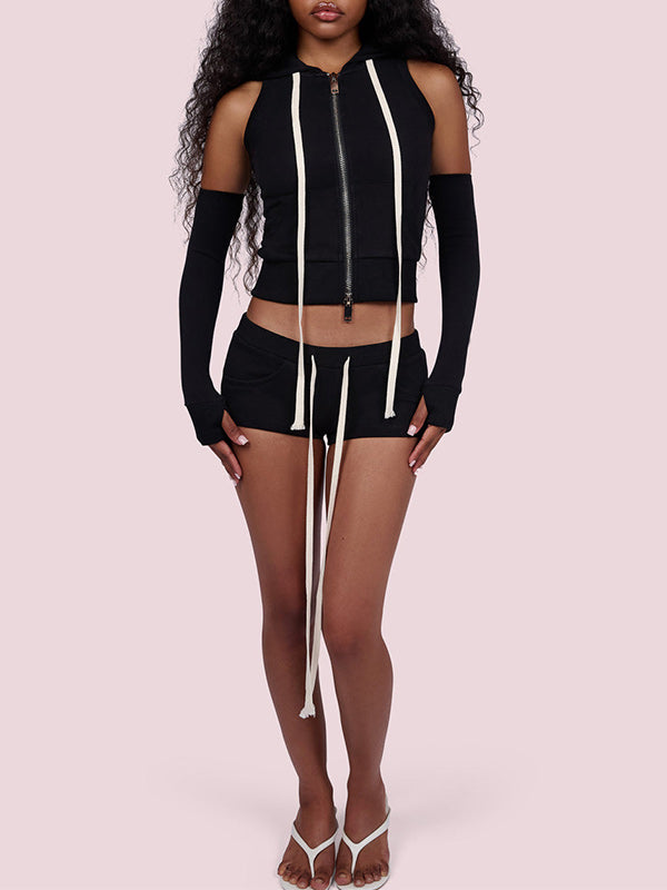 Solid Zip-Front Hoodie & Shorts Set