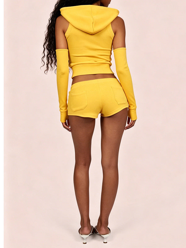Solid Zip-Front Hoodie & Shorts Set
