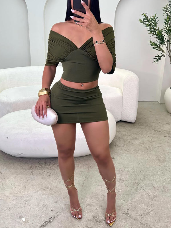 Solid V-Neck Ruched Top & Skirt Set