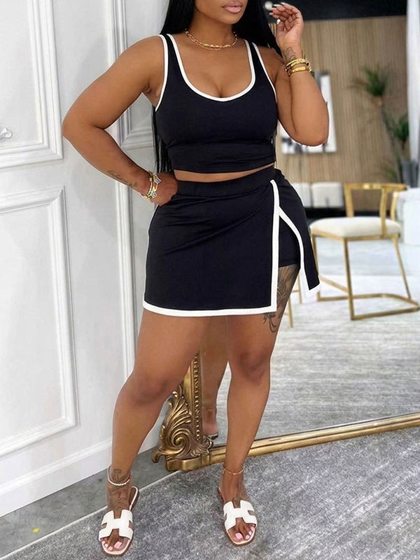 Contrast Tank Top & Slit Skirt Set