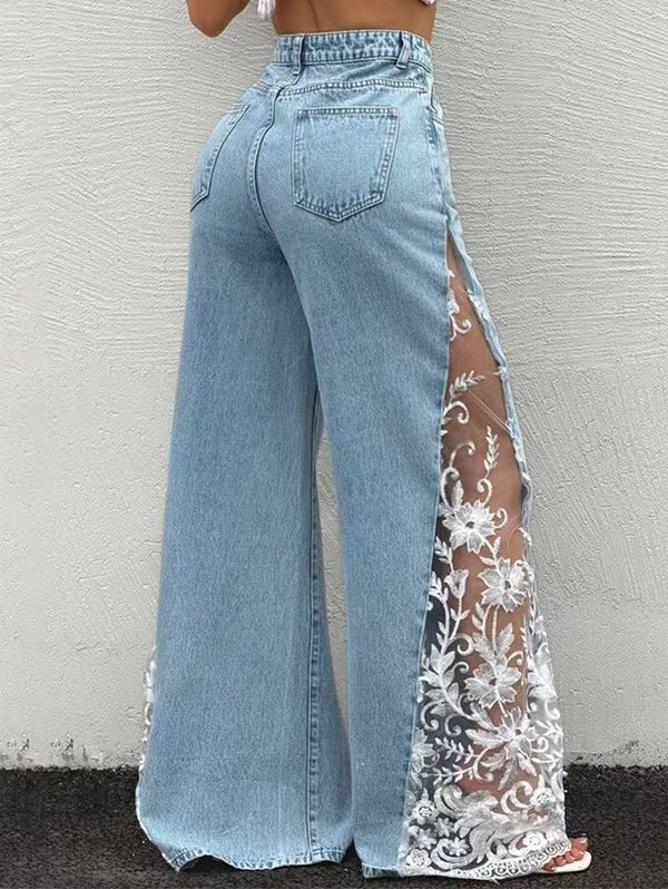 Lace-Combo Wide-Leg Jeans