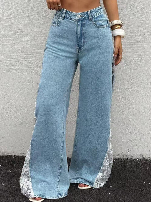 Lace-Combo Wide-Leg Jeans
