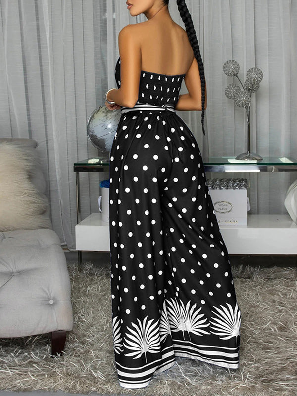 Dot Tied Wide-Leg Strapless Jumpsuit