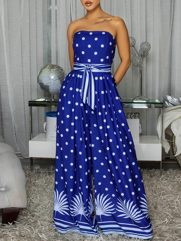 Dot Tied Wide-Leg Strapless Jumpsuit