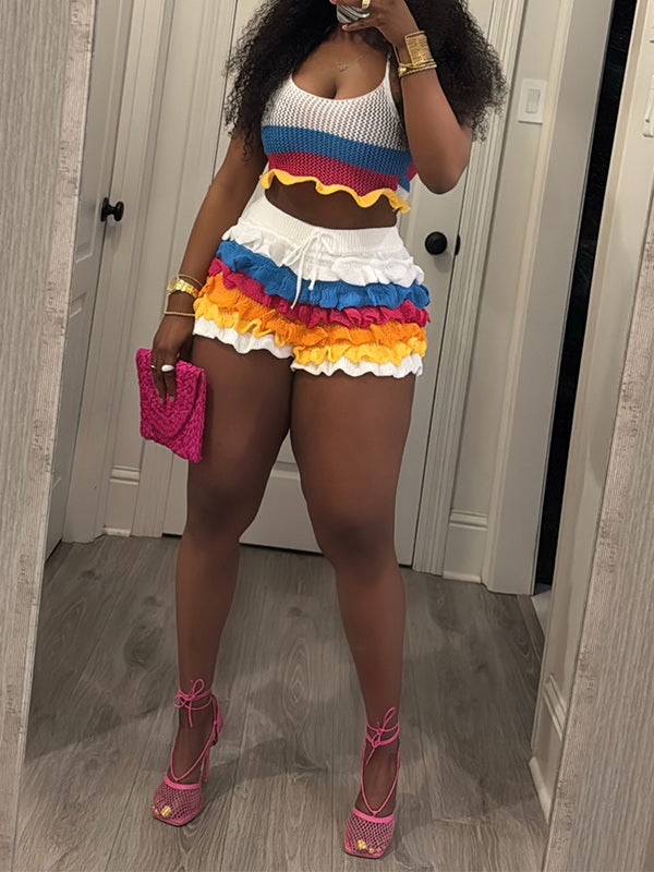 Crotchet Halter Top & Frilled Shorts Set