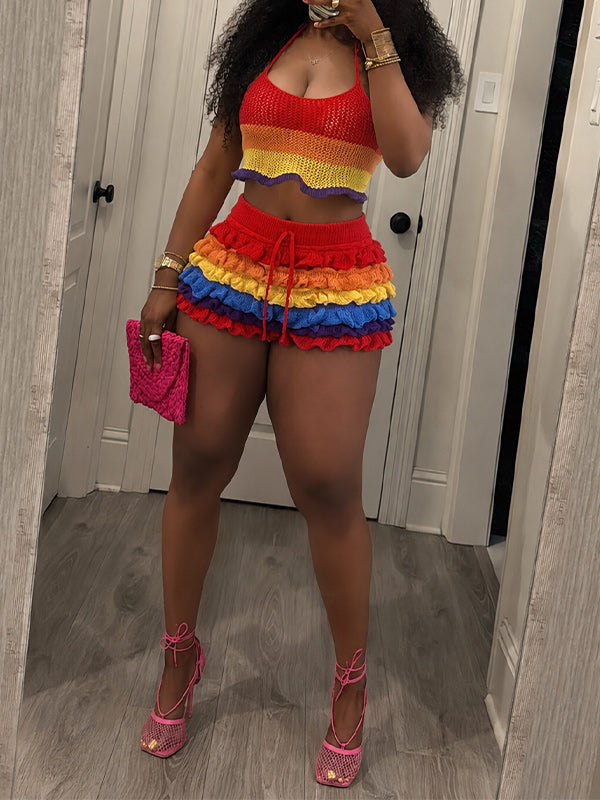 Crotchet Halter Top & Frilled Shorts Set
