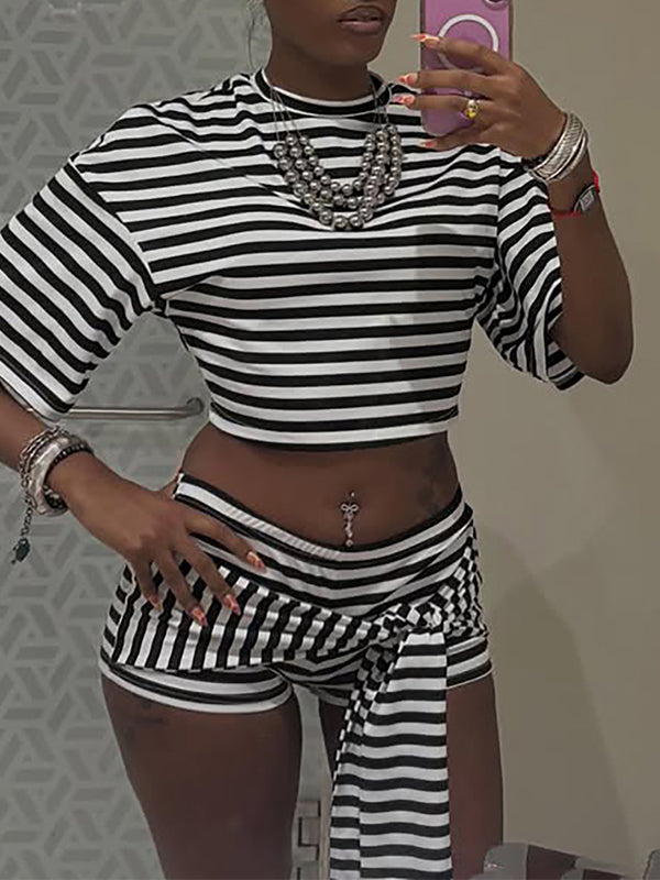 Stripe Tee & Tied Shorts Set