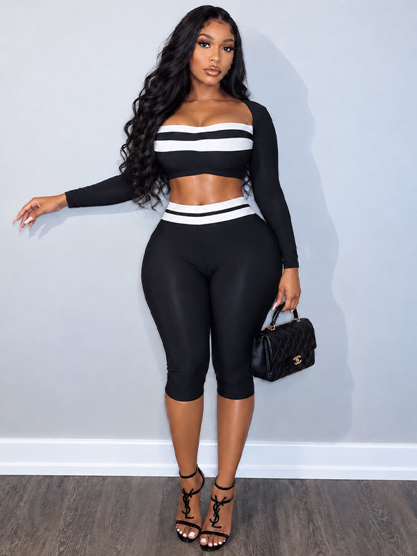 Contrast Crop Top & Capri Pants Set