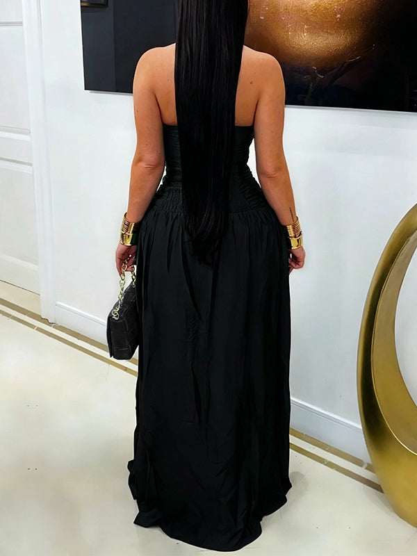 Solid Cutout Slit Halter Dress