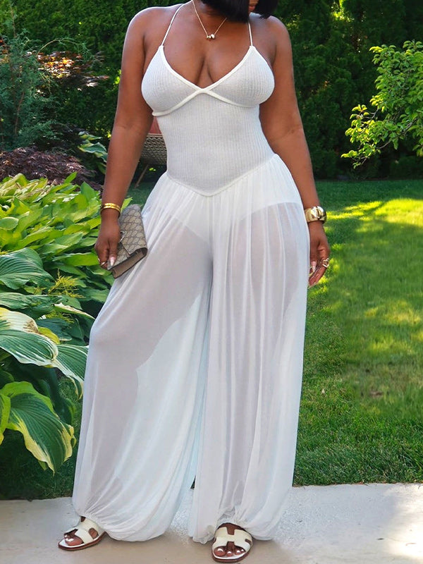 Sheer-Combo Lace-Up Cami Jumpsuit