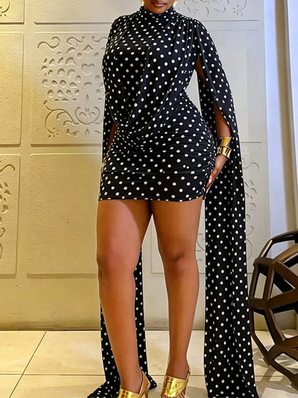 Dot Cowl-Neck Draped Dress