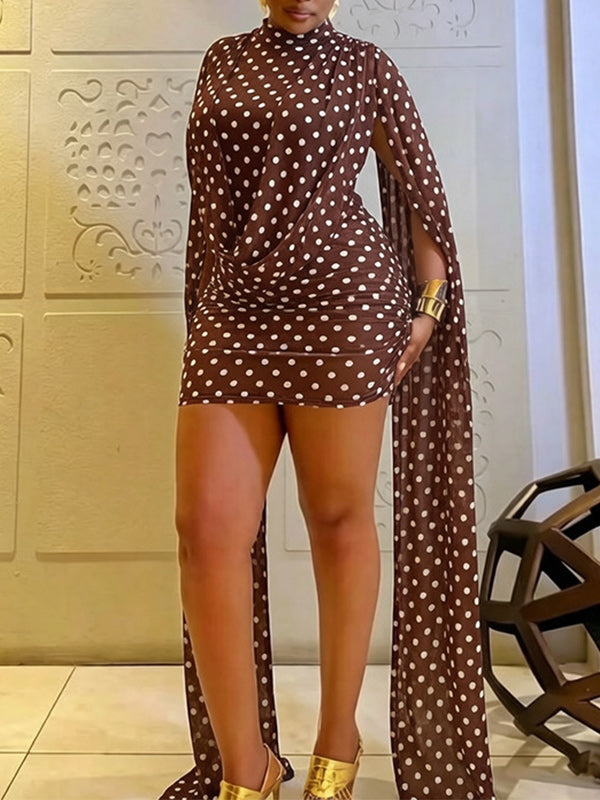Dot Cowl-Neck Draped Dress