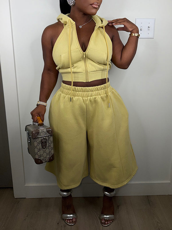 Zip Front Halter Hoodie & Capri Pants Set