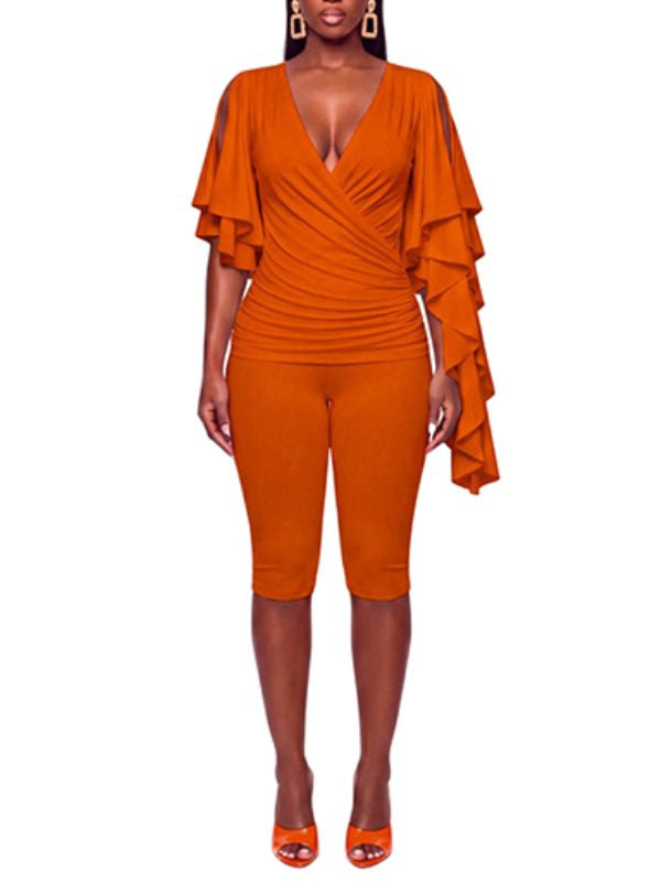 V-Neck Ruffle Top & Capri Pants Set