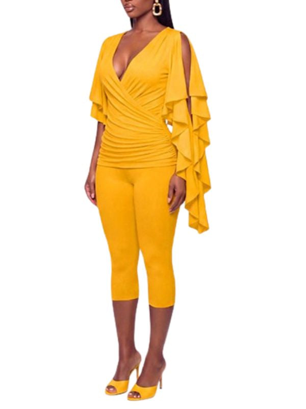 V-Neck Ruffle Top & Capri Pants Set
