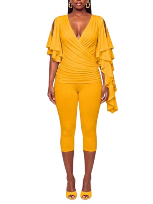 V-Neck Ruffle Top & Capri Pants Set