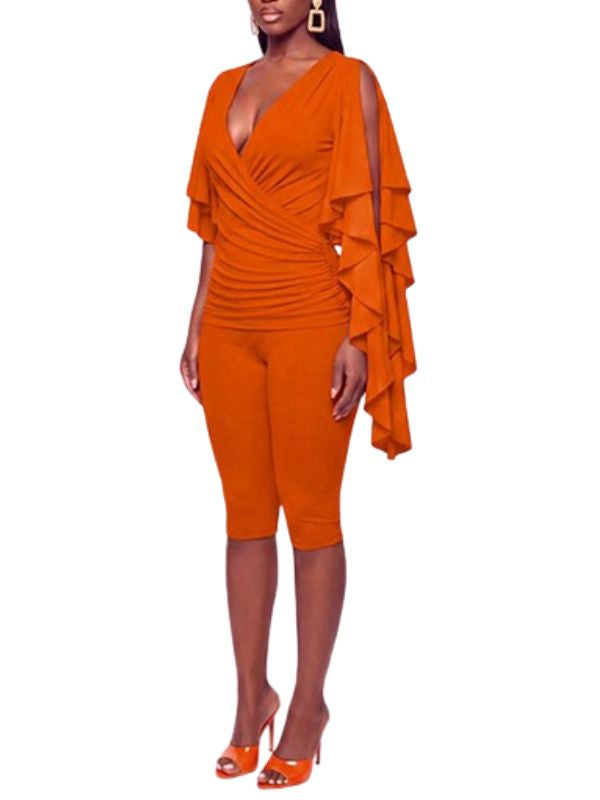 V-Neck Ruffle Top & Capri Pants Set