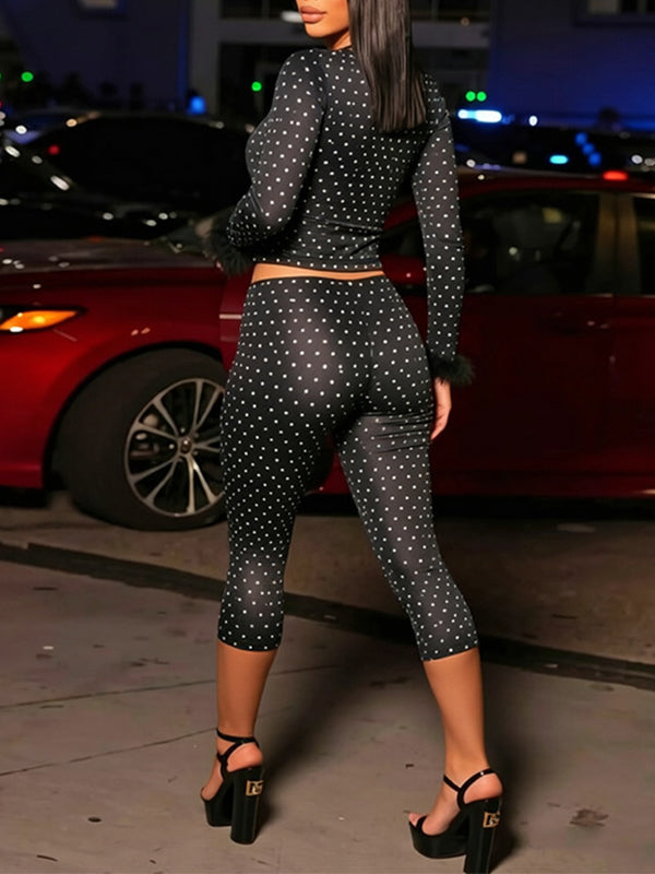 Faux-Fur Combo Dot Top & Capri Pants Set